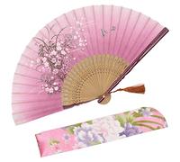 OMyTea Abanico Plegable de Mano para Mujer, Estilo Retro Vintage Chino/japonés, con Funda de Tela para protección (Rojo)