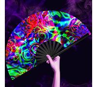 OMyTea Ventilador plegable UV Glow Rave para mujeres/hombres/Drag Queen - Abanico de mano plegable grande para festival Clack - para EDM, festival de música, evento, fiesta, baile, actuación