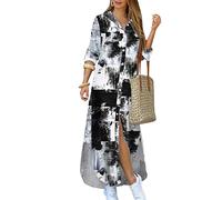 OMZIN Camisero De Manga Larga con Abertura para Vestido Largo con Botones De Manga Larga con Bolsillos Tie Dye Negro L