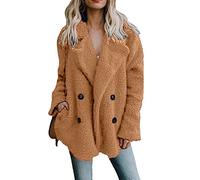 OMZIN Chaqueta De Piel Sintética Para Mujer Abrigo De Doble Botonadura Prendas De Vestir Cortas Abrigo De Solapa Chaqueta De Invierno Cálida Holgada Moda Informal Para Mujer Camel XL