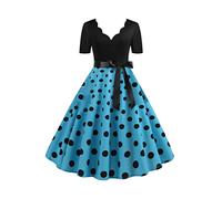 OMZIN Dama Vintage 1950 De Manga Corta Rockabilly Vestidos V Cuello Lunares Audrey Hepburn Vestido Azul 3XL