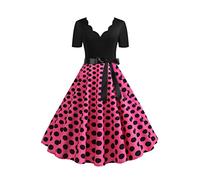 OMZIN Las Mujeres De La Vendimia De 1950 V Cuello Audrey Hepburn Vestidos De Manga Corta De Lunares Rockabilly Cinturón Vestido Rosa S