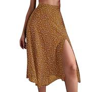 OMZIN Las Mujeres De Una Línea De Bohemia Floral Impreso Falda Larga Lado Split Gasa Slim Fit Swing Falda Amarillo M
