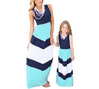 OMZIN Mamá Y Yo Rayas De Cintura Alta Casual Sin Mangas Vestidos De Tirantes De Vacaciones con Cuello Redondo De La Familia A Juego Vestido Largo Azul M