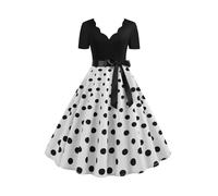 OMZIN Mujeres A Line Audrey Hepburn Skater Dress Vintage V Neck Printed Short Sleeve Tea Dress White M