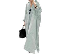 OMZIN Mujeres Botón Abajo Solapa Suelta Camisa Vestidos Rayas Maxi Vestido Algodón Lino Blusa Vestido Verde 5XL