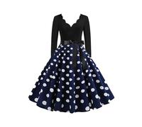 OMZIN Mujeres Lunares Rockabilly Vestido con Cinturón Cuello En V Vintage Audrey Hepburn Vestido De Manga Larga Azul Marino 3XL