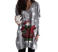 OMZIN Otoño Cuello Redondo Más Tamaño Suéter Suelto Manga Larga Pullover Suéter Damas Tops con Bolsillos Gris Muñeco De Nieve 3XL