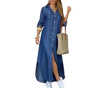 OMZIN Solapa Cuello Mangas Enrolladas Forro Vestido Botón Abajo Dividido Camisa Vestidos De Vaquero M