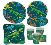 OMZSXK Vajilla de fiesta de dinosaurio para 16 invitados, plato de cumpleaños, vajilla, decoración de dinosaurio, platos de papel, servilletas