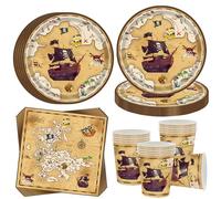 OMZSXK Vajilla de fiesta pirata para 16 invitados, plato de fiesta de cumpleaños pirata, plato de papel, servilletas, para niños y niñas, decoración de cumpleaños infantil