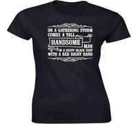 On a Gathering Storm Comes a Tall Handsome Man in a Dusty Coat with a Red Right Hand Men Fitted Short Sleeve t-Shirt Black M