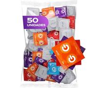 ON) Mix de Condones | Paquete de 50 | Condones Premium 7 tipos y tamaños con 54 mm de ancho | 10x extra delgados, naturales y texturizados | 5x extra fuertes, con aroma a fresa, plátano y chocolate