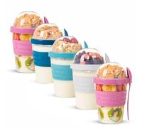 On The Go - Vasos de yogur para cereales con tapas y cuchara, recipiente de avena durante la noche, tarro de leche de plástico reutilizable para desayuno, crujiente, granola, avena, batido,