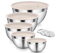 Onader Juego de 5 cuencos para mezclar, de acero inoxidable, con tapa hermética y 3 accesorios para rallador, apilables y aptos para lavavajillas, tamaño 4,5 L, 3 L, 1,5 L, 1,2 L, 0,7 L, color caqui