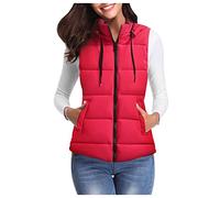 OnaiC Chaleco para mujer, chaleco de transición con cordón, sin mangas, con capucha, chaleco corto, chaleco de plumón, grueso, cálido, chaleco deportivo, elegante, chaleco de invierno, rojo, XL