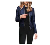 OnaiC Chaqueta de piel corta para mujer, chaqueta de motorista con cremallera y cuello redondo, chaqueta de piel sintética, monocolor, chaqueta softshell, aspecto de piel, abrigo de entretiempo,