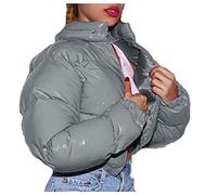 OnaiC Chaqueta de plumón para mujer, invierno, brillante, abrigo de entretiempo, cálido, resistente al viento, chaqueta acolchada mullida, gruesa, abrigo corto, cuello alto, abrigo de pan sintético,