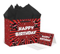 ONANNA Bolsa de regalo de cumpleaños Ninja con papel de seda y tarjeta de felicitación, bolsa de papel de regalo de cumpleaños Nija para niño, rojo y negro, anime japonés, suministros de decoración de