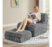 ONBRILL Puf gigante para adultos con otomana, puf de piel sintética con relleno de espuma viscoelástica, sofá de felpa con reposapiés para sala de estar, dormitorio, apartamento, color gris