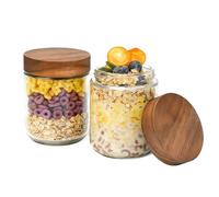 Oncpcare Paquete de 2 tarros de cristal de 500 ml para avena con tapa de madera - Recipientes de boca ancha para preparación de comidas para avena, parfait de yogur, pudín de chía y snacks