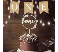 One Cake topper, madera decoración de pastel de 1 año con banner de primer cumpleaños bebé ducha pastel decoración para artículos de fiesta de primer cumpleaños (guirnalda de flores)