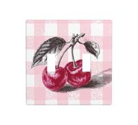 One Cherry On Pink and White Checkered Double Gang Toggle Light Cover Wall Plate Switch Decor Standard Size - 11,4 x 11,4 cm