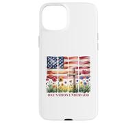 One Nation Under God - Cruz con bandera estadounidense y flor silvestre Carcasa para iPhone 15 Plus