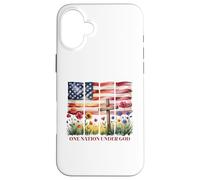 One Nation Under God - Cruz con bandera estadounidense y flor silvestre Carcasa para iPhone 16 Plus