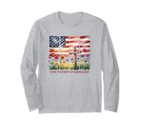 One Nation Under God - Cruz con bandera estadounidense y flor silvestre Manga Larga