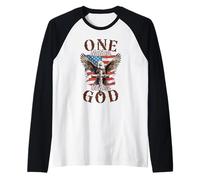 One Nation Under God Eagle Cross and American Flag Hombres Mujeres Camiseta Manga Raglan