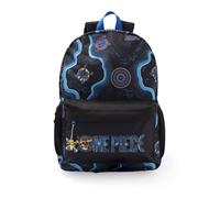 One Piece Mochila unisex para niños, color negro y azul | Mochila escolar con estampado de mapa de calaveras, bolsillo frontal con cremallera y correas acolchadas