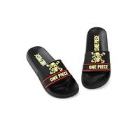 One Piece Sandalias negras para niño | Calzado casual con el emblema rojo y amarillo | Ropa de exterior y hogar inspirada en el anime | Sandalias planas y cómodas para uso diario