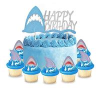 One Shark Cake Topper Birthday Glitter Tiburón Decoración para tartas + Shark Teeth Cupcake Toppers x 24 para niños Suministros para fiestas de cumpleaños