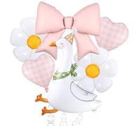One Silly Goose Balloons - Globos de ganso blanco divertido y rosa a cuadros con lazo de corazón, flores, margaritas, globos de mylar para decoración de fiesta de cumpleaños (kit de lazo rosa)