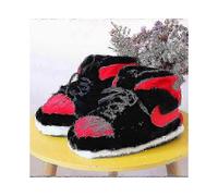 (One Size,Black with Red)Sneakers-like Plush Slippers Creative Wrapping Fuzzy Warm Winter Indoor Drag Shoes Cotton Shoes