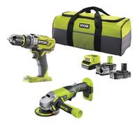 ONE+ taladro atornillador a batería / juego de amoladora angular R18PDAG-242S, 18Volt, Kit de herramientas verde/Negro