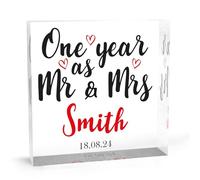 One Year As Mr and Mrs Gifts - Señalización decorativa de acrílico para el primer aniversario de boda para marido, esposa, pareja, él, ella, regalo personalizado para primer aniversario de boda, un