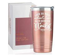 Onebttl Divertidos regalos de tecnología de uñas, Nail Tech Must Haves - Life If Too Short To Have Boring Nails - Taza de acero inoxidable de 20 onzas con tapa y popote, color oro rosa
