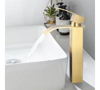 ONECE Grifo Lavabo Oro de Cascada Alto, Grifería de Baño de Encimera, Mezclador Monomando de Acero Inoxidable 304, Agua Fría y Caliente, Sin Plomo, Diseño Elegante, Dorado Cepillado