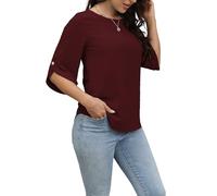 Oneezit Camisetas Mujer Manga Corta,Verano Elegante Camisas Casual Suelta Camisa Cuello Redondo T Shirts Manga 3/4 Tops Blusas Burgundy Small
