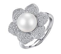 Onefeart Blanco Oro Plateado Anillo para Mujeres Miñas Redondo Zirconia Cúbica Perla Diseño Flor Opening Anillo Ajustable Oro Blanco