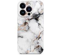 ONEFLOW Bliss Funda para iPhone 15 Pro, diseño de aspecto mármol, estuche protector para móvil con protección para la cámara, estuche rígido con purpurina marmoleado, blanco dorado