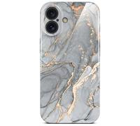 ONEFLOW Bliss Funda para iPhone 16 Plus de aspecto mármol, carcasa protectora con protector de cámara, funda rígida con purpurina y diseño marmoleado, gris dorado