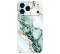 ONEFLOW Bliss Funda para iPhone 17 Pro Max de aspecto mármol, estuche de diseñador para proteger el teléfono con protección para la cámara, funda rígida con purpurina marmoleada, Blanco Verde Oro