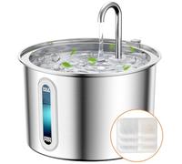 oneisall Fuente de agua para gatos para beber, diseño de grifo de fuente de acero inoxidable de 2 L, fuente de agua ultra silenciosa para mascotas con paquete de 3 filtros, nivel de agua visible para