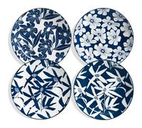 ONEMORE Juego de 4 platos llanos de porcelana de 10.5 pulgadas, platos de postre de ensalada azul y blanco, aptos para microondas y lavavajillas, resistentes a los arañazos, plato grande para servir