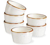 ONEMORE Ramekins - Platos de cerámica para soufflé de 6 onzas, aptos para horno, con borde marrón, tazas para hornear moteadas para crema brulee, pudín, natillas, helados, charcutería, juego de 6
