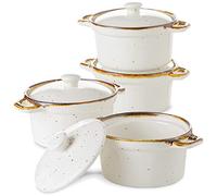 ONEMORE - Ramequines con tapas, cacerola cerámica 12 onzas asas, borde marrón para hornear sopa, apto horno moteado, mini horno holandés, 4 piezas