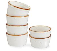 ONEMORE Ramequines pequeños de cerámica de 8 onzas aptos para horno, con borde marrón para hornear, bonito juego de ramequines moteados para crema brulee, salsas, postres y helados, juego de 6 tazas